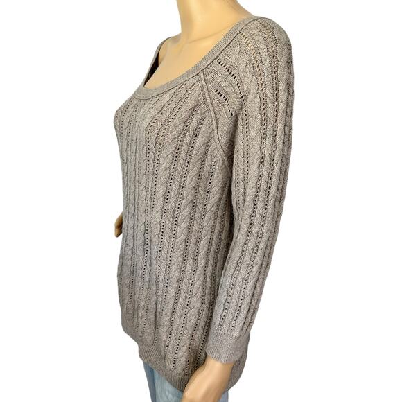 American Eagle Cable Knit Pointelle Gray Sweater Size L Pullover 3/4 Sleeve Cozy - Picture 4 of 6